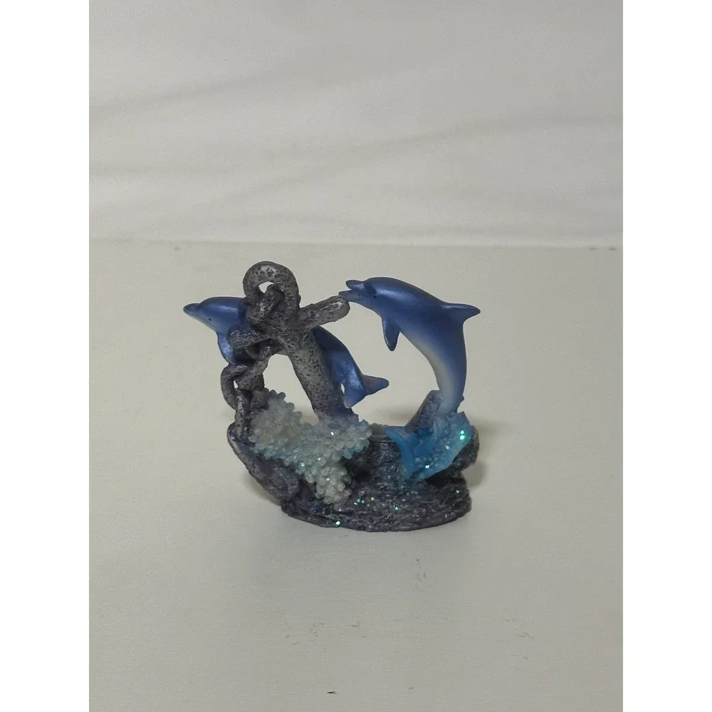 Blue Dolphins Figure Swimming Around Coral Statue Sea Life Figurine Decor